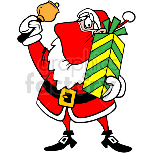 Clipart of Santa Claus holding a bell and a wrapped gift with green and yellow stripes.