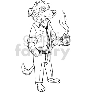 The clipart image depicts an anthropomorphic dog standing upright, dressed in business attire with a tie and trousers. It looks like a Labrador, and it is holding a mug of steaming coffee. The dog has a confident or commanding aura, which fits the description of a boss.