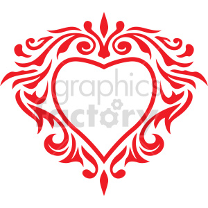 An artistic red heart-shaped frame with intricate swirls and floral elements forming the outline.