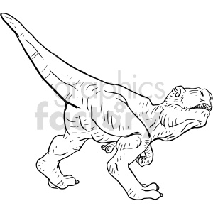 The image depicts a line art drawing of a Tyrannosaurus rex (T-Rex) dinosaur, which could be used as a tattoo design. The T-Rex is shown in a side profile with its characteristic short forelimbs, large head with powerful jaws, and long, heavy tail for balance.