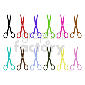 Colorful clipart image of scissors in various colors arranged in two rows.