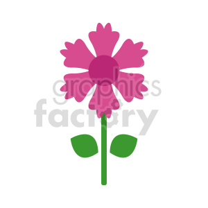 A simple clipart image of a pink flower with a green stem and leaves.