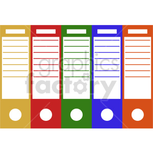 Clipart image of five colorful document binders arranged in a row. The binders are in yellow, red, green, blue, and orange colors, with white labels and white circles on the bottom part.