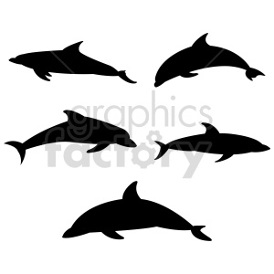 The image contains a collection of black silhouettes of dolphins. There are five dolphin figures in different positions and angles, all depicted in a simplified, graphic form.