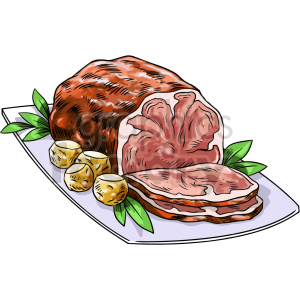 Clipart illustration of a roast beef dinner featuring a sliced beef roast with garnish and potatoes on a platter.