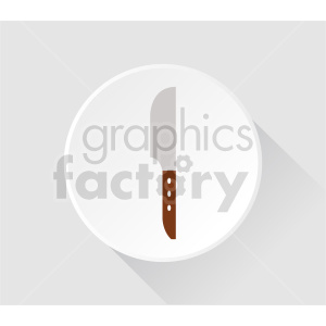 This clipart image depicts a knife placed vertically on a white plate with a light gray background. The knife has a brown handle.