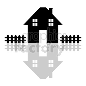 A black silhouette of a house with a chimney, windows, and a picket fence reflected below.