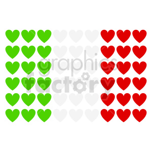 Clipart image featuring an arrangement of heart shapes in green, white, and red, resembling the flag of Italy.