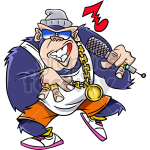 A cartoon gorilla dressed as a rapper, wearing a beanie hat, sunglasses, a gold chain, rings, and holding a microphone.
