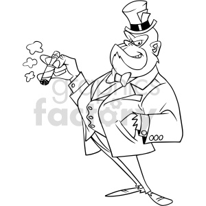 Cartoon image of an anthropomorphic gorilla dressed in a tuxedo and top hat, holding a smoking cigar with a confident expression.