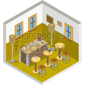 Isometric illustration of a cozy bar lounge with tables, stools, and drinks.