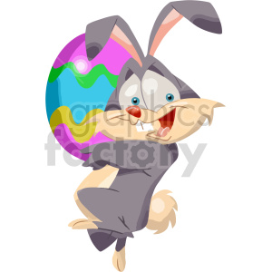 This clipart image features a cute gray bunny rabbit with tall ears and a cheerful expression, holding a colorful Easter egg with wavy patterns in its hand.