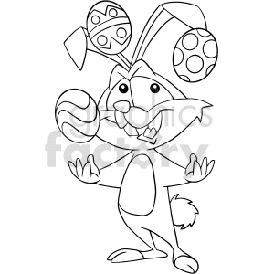 This is a black and white clipart image of a happy Easter bunny holding decorated Easter eggs. The bunny has eggs as part of its ears and is smiling cheerfully.