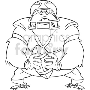 A black and white clipart image of an anthropomorphic gorilla wearing a football helmet and uniform, holding a football.