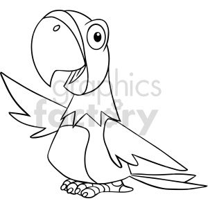 Black and white clipart of a cartoon parrot with simple, bold lines.