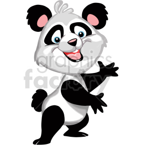 This is an image of a cartoon panda. The panda is standing on its hind legs with one arm extended, as if waving or greeting. It has the characteristic black and white coloration, with large black circles around the eyes, black ears, and black limbs. The panda's expression is cheerful with a wide, open-mouthed smile and bright blue eyes.