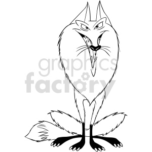 This is a black and white clipart illustration of an anthropomorphic wolf with a mischievous expression, shown in a standing pose with slender limbs and bushy tails.