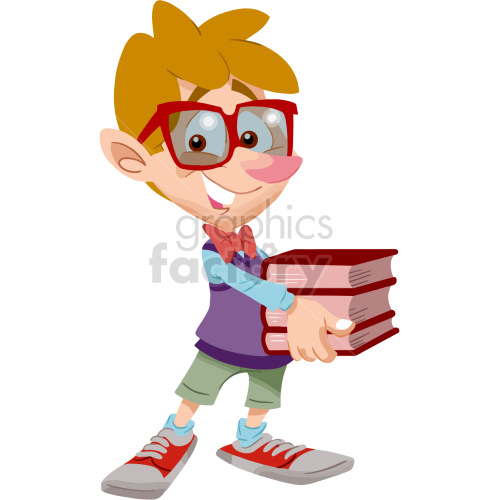 A clipart image of a cheerful boy with glasses holding a stack of books. The boy is wearing a purple vest, light blue shirt, green shorts, red sneakers, and a red bow tie.