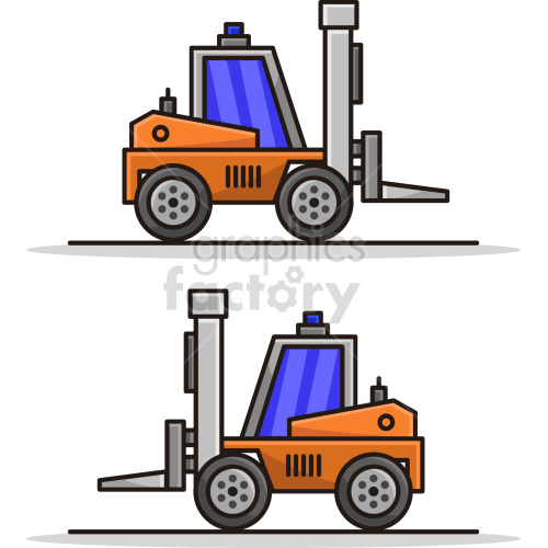 Clipart image of an orange forklift with blue windows from two different angles.