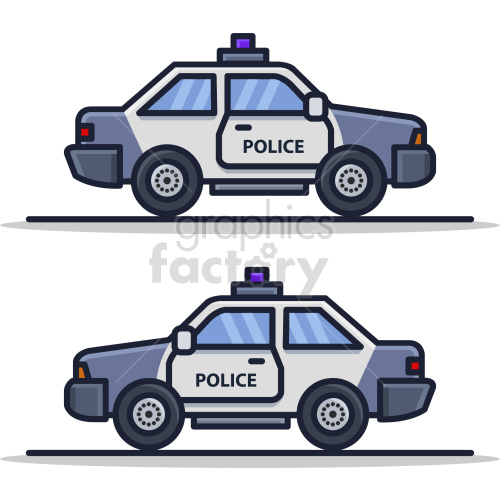 Clipart image featuring two cartoon-style police cars. Both cars are illustrated with detailed wheels, windows, and a police light on the roof, and they are labeled 'POLICE' on the doors.