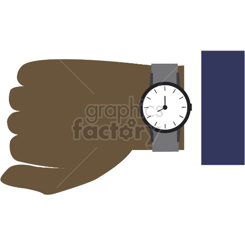 Clipart image of a brown hand wearing a wristwatch with a grey strap and white dial showing black hour markers and hands.