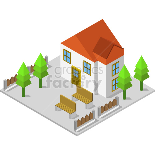 An isometric clipart image of a small house with a red roof, surrounded by green trees, brown bench seats, and a wooden fence.