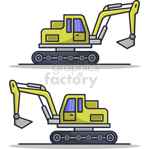 A clipart image featuring two illustrations of a yellow excavator or construction digger with a black chassis and tracks. The excavator has a cabin with windows and a long yellow arm with a bucket at the end.