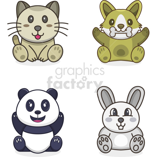 The image features four cartoon animals arranged in two rows. The top row includes a cat on the left and a dog on the right. The bottom row shows a panda on the left and a bunny on the right. Each animal is depicted in a simplistic, adorable, and friendly style, typical of clipart designs aimed at a younger audience or for use in projects requiring cute animal illustrations.
