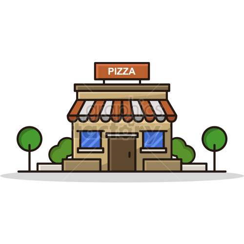   The clipart image shows a vector graphic of a pizza shop, which is a business establishment that sells pizzas. The storefront has a red and white striped awning with the words "Pizza" written on it. 
