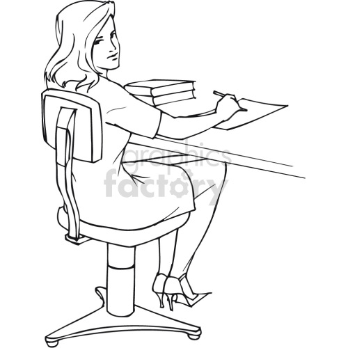 The clipart image shows a black and white illustration of a female sitting at a desk, possibly working in a career related to law or business. The woman is wearing a suit and appears to be reading or writing something on a sheet of paper.
