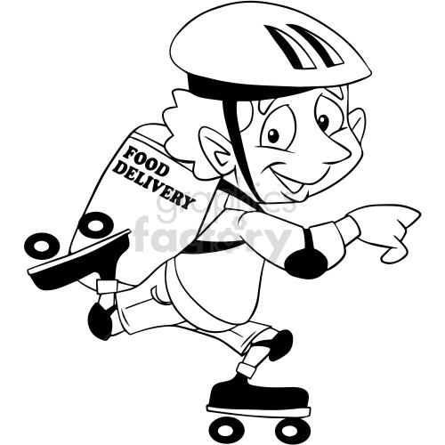 Black and white cartoon food delivery on roller skates