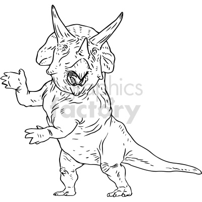 A black and white clipart image of a triceratops dinosaur standing upright with an open mouth, raised arms, and a detailed illustration style.
