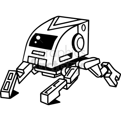 The clipart image shows a small robot dog in black and white, with its head slightly tilted to the side and a rectangular body. The dog has four legs that are straight and thin.