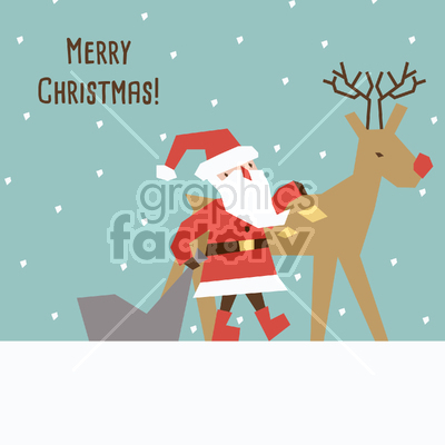 This image is a colorful and abstract illustration cartoon of Santa Claus and a reindeer standing in front of a snowy background.  The cartoon figure of Santa Claus is wearing a traditional red and white suit, while the reindeer has brown antlers and fur, and a bright red nose. It could be used as greeting card.
