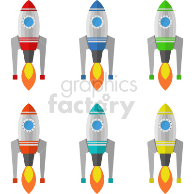 Clipart image featuring six colorful rocket ships in different colors: red, blue, green, orange, teal, and yellow, all with flames coming out from the bottom indicating they're launched.