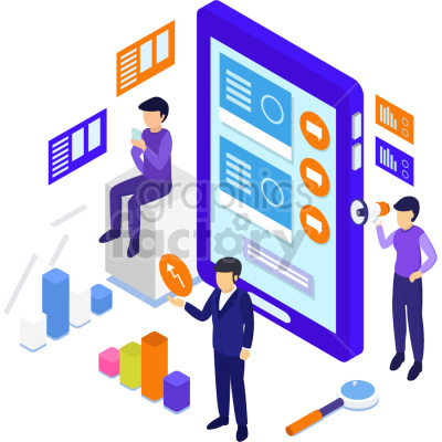 This clipart image features three people interacting with various elements such as a large tablet displaying data, graphs, and charts. One person is sitting on a block, using a smartphone. Another person is holding an orange icon with an upward arrow, indicating growth. The third person is speaking through a megaphone, suggesting communication. There are colorful bar graphs, a magnifying glass, and data charts around them.