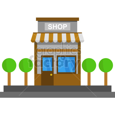 The clipart image shows the front view of a store or shop, commonly known as storefront. It depicts a building with a sloping roof and a large glass window in the front. The store's name is written on a rectangular signboard above the window, and there is a door to the left side of the window. The image represents a typical commercial establishment that sells goods or services and has a physical presence.