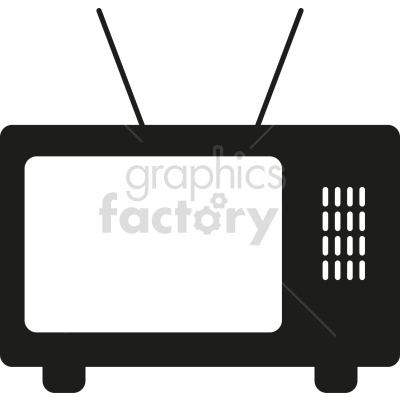 The clipart image shows a black and white vintage television. The TV set has a rectangular shape with rounded corners and a screen in the center. It also has two knobs on the front and four legs at the bottom.
