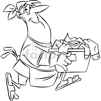 A black and white clipart illustration of a person carrying a laundry basket filled with clothes. The character is wearing an apron and headband, suggesting they are engaged in chores or laundry duties.