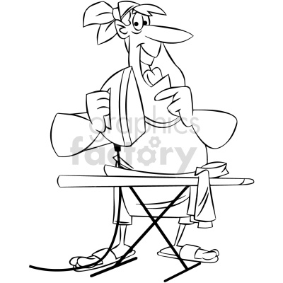 This clipart image features a cartoon character ironing clothes. The character is depicted in a humorous and expressive style, wearing casual clothing and slippers, and holding an iron over an ironing board.