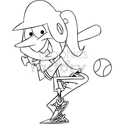 This is a black and white clipart image of a cartoon-style girl equipped with a baseball helmet and bat, preparing to hit a pitched ball. She is depicted with a big smile and a focused expression.
