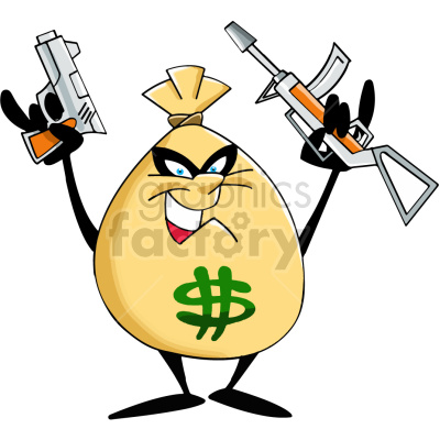 A clipart image of an anthropomorphic money bag with an angry expression, holding a handgun in one hand and an assault rifle in the other. The money bag has a green dollar sign on its front.