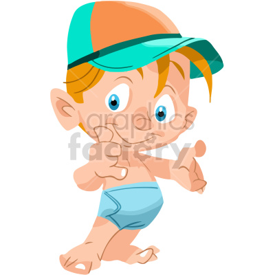 A cute cartoon baby wearing a green and orange cap and blue diaper, giving a thumbs up and smiling.