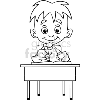 Clipart image of a cartoon boy sitting at a desk and writing in a notebook with a pencil.