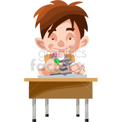 Clipart image of a boy with brown hair sitting at a desk, smiling, and writing with a pencil.