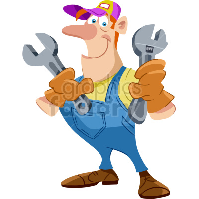 A cartoon mechanic in overalls holding two large wrenches, one in each hand.