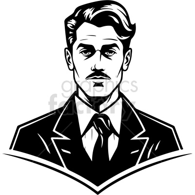 Black and white clipart of a man in a suit and tie with a classic hairstyle and mustache.