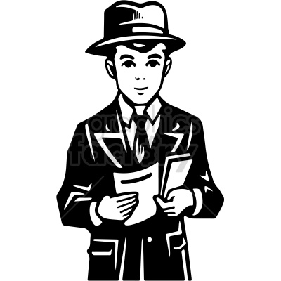 A black and white clipart illustration of a young man wearing a suit and hat, holding papers.