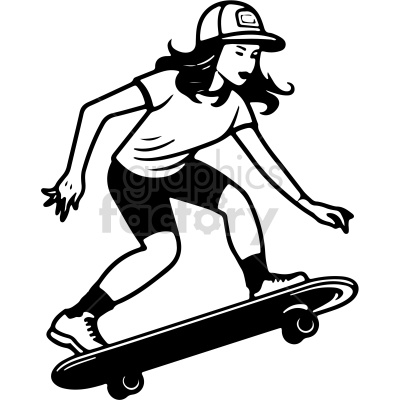 Black and white clipart image of a girl skateboarding. The figure has long hair, is wearing a cap, a t-shirt, shorts, and sneakers, and appears to be in motion on the skateboard.