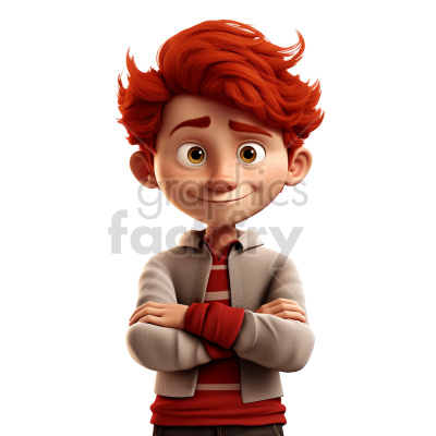 Clipart image of a smiling cartoon boy with red hair, wearing a striped shirt and a jacket, standing with arms crossed.